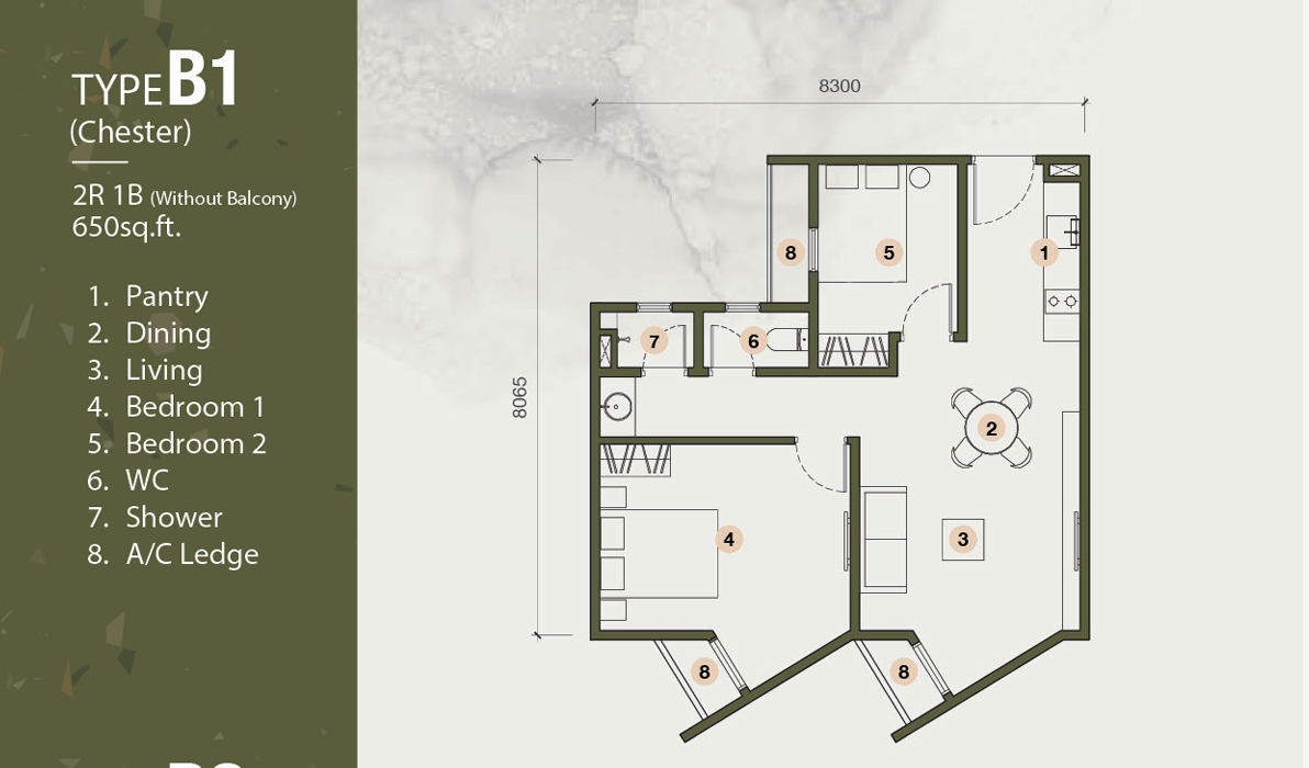 The Stallionz Type B1 | 650 sq.ft floor plan, Ipoh Town City Centre